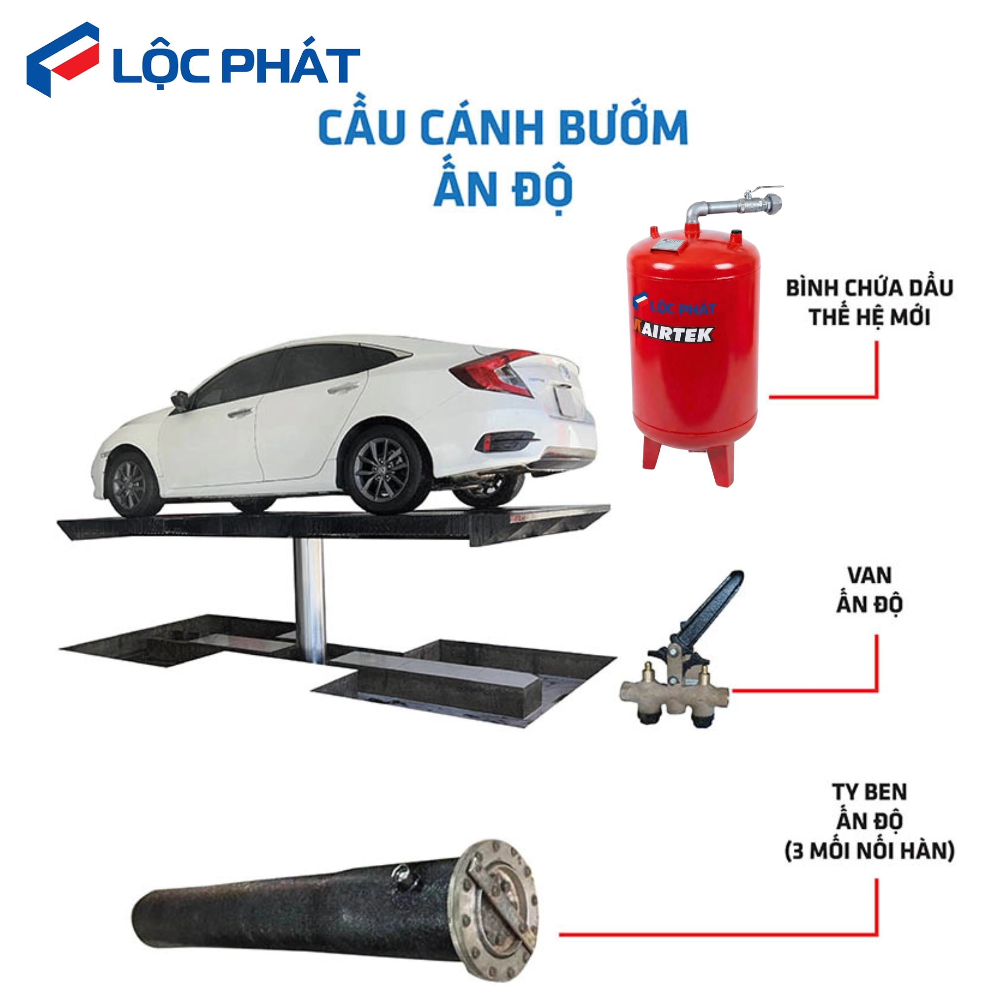 Cầu Nâng 1 Trụ Rửa Xe Âm Nền Cánh Bướm Ấn Độ 3 Cấu tạo cầu nâng 1 trụ rửa xe âm nền cánh bướm Ấn Độ gồm bình dầu, van và ty ben