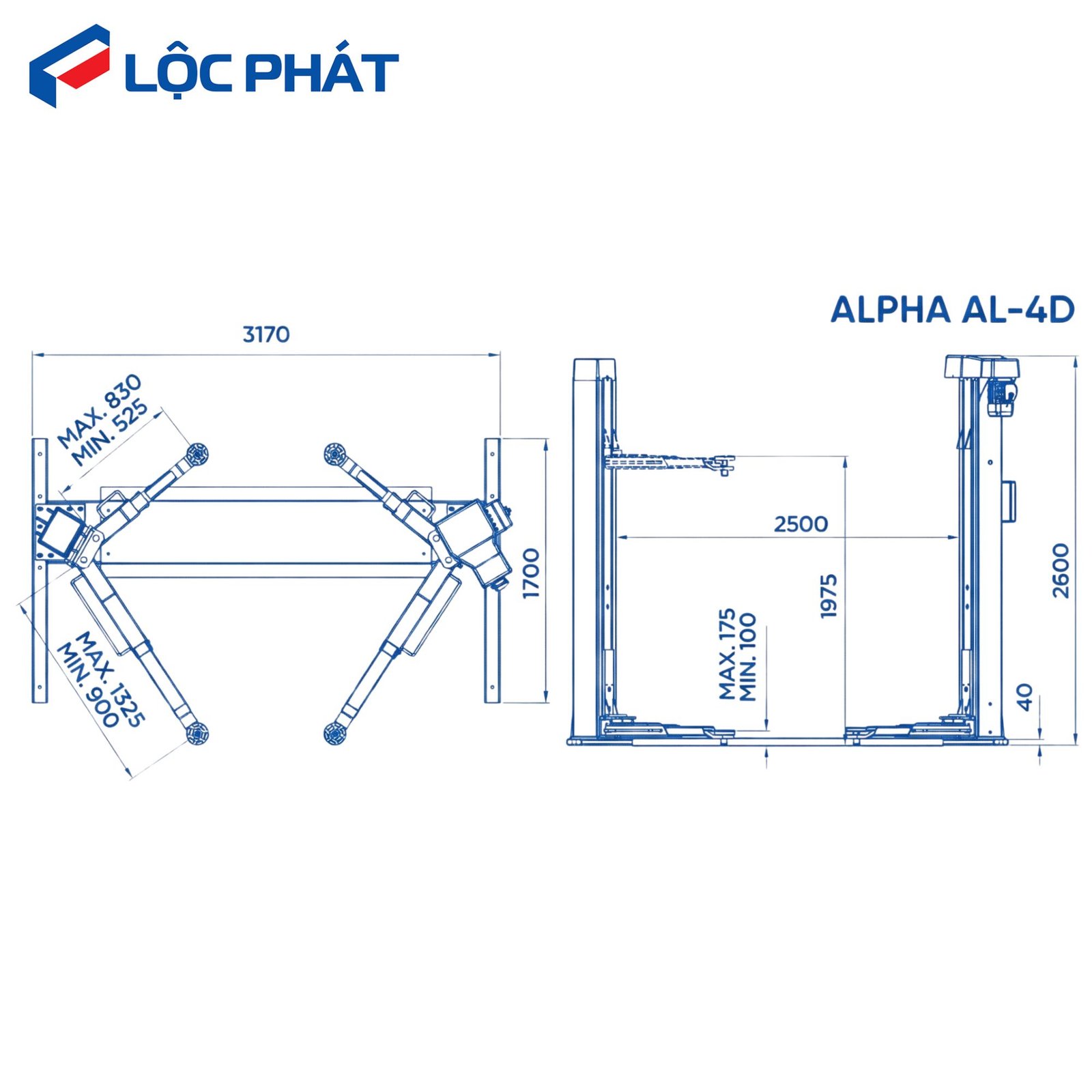 Bản vẽ kỹ thuật và kích thước lắp đặt cầu nâng 2 trụ ALPHA AL-4D