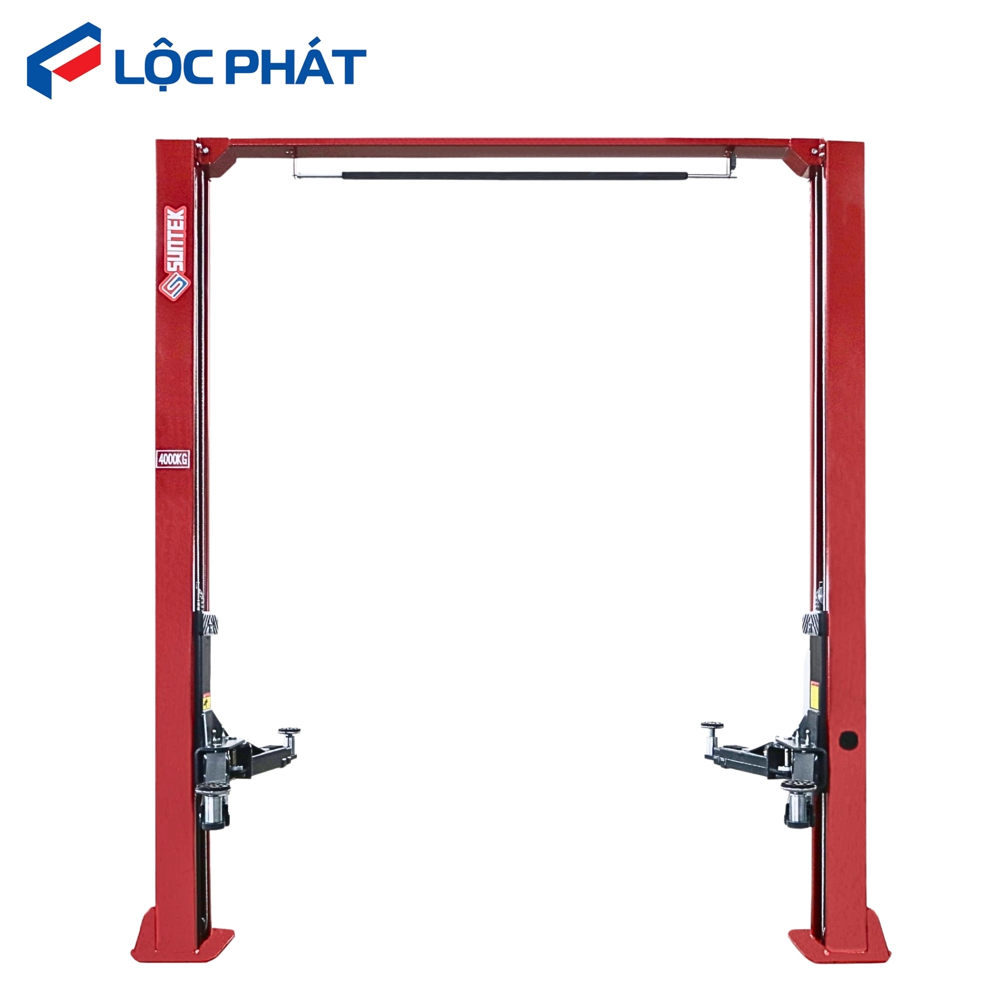 Cầu Nâng 2 Trụ Cổng Trên SUNTEK 4000T 4 Tấn – Tay 3 Khớp, Nâng Xe 16 Chỗ 1 Cầu nâng 2 trụ cổng trên SUNTEK 4000T chụp chính diện, tay nâng hạ ở trạng thái chờ