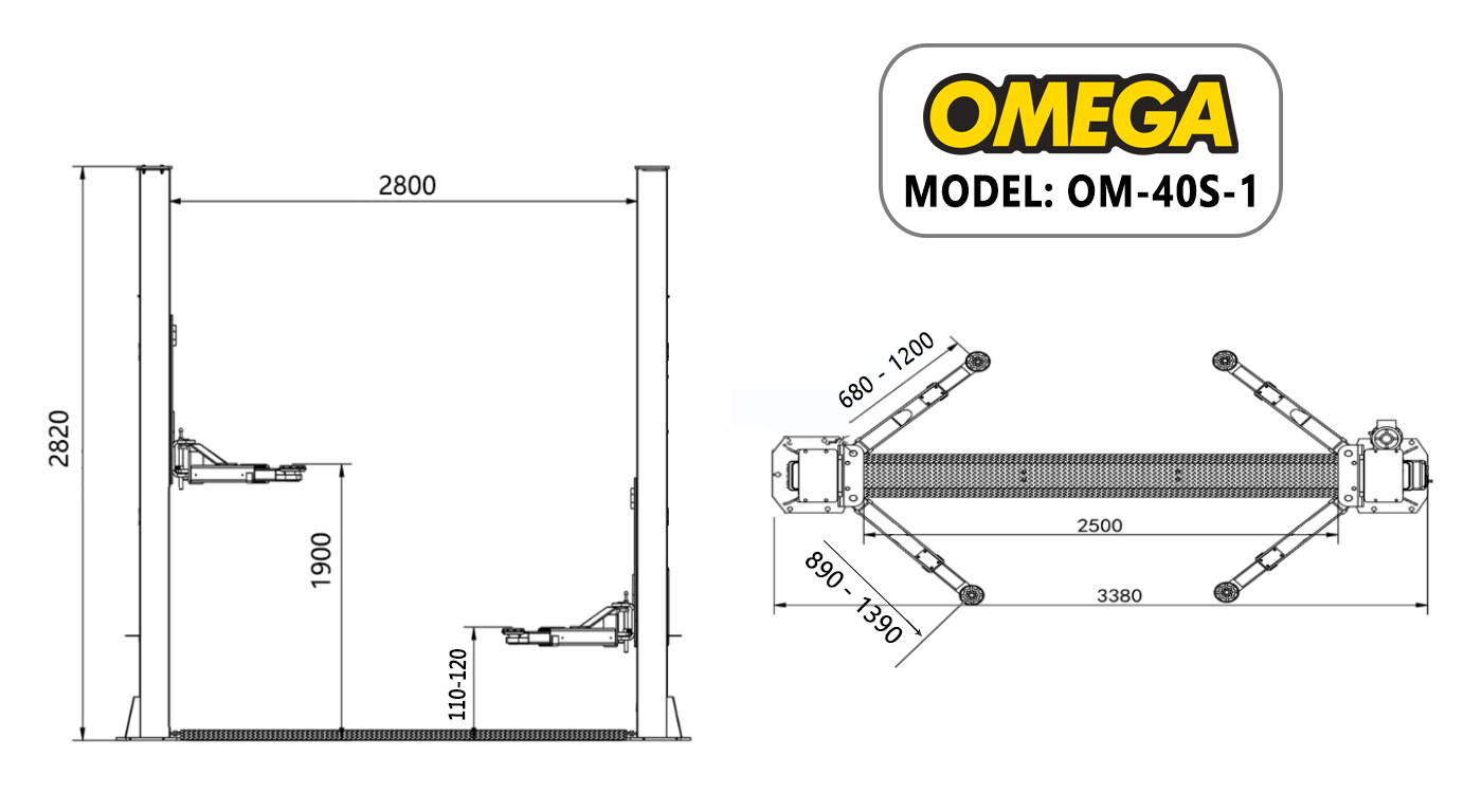 Tổng thể cầu nâng 2 trụ giằng dưới OMEGA