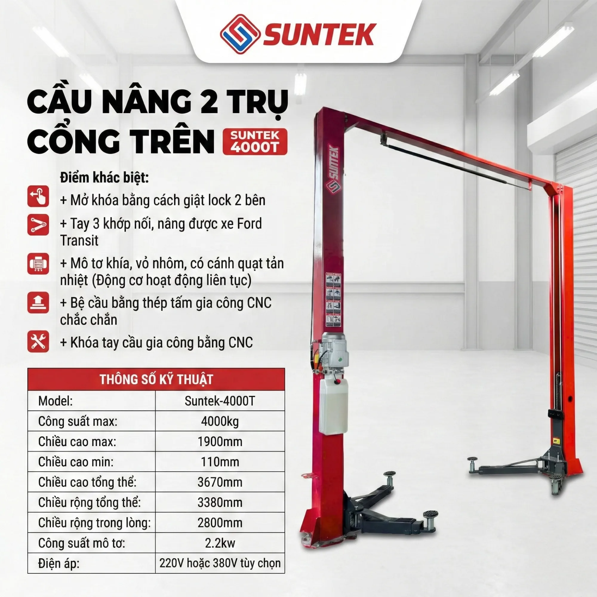 Cầu Nâng 2 Trụ Cổng Trên SUNTEK 4000T 4 Tấn – Tay 3 Khớp, Nâng Xe 16 Chỗ 5 Poster giới thiệu cầu nâng 2 trụ cổng trên SUNTEK 4000T kèm thông số kỹ thuật và đặc điểm nổi bật