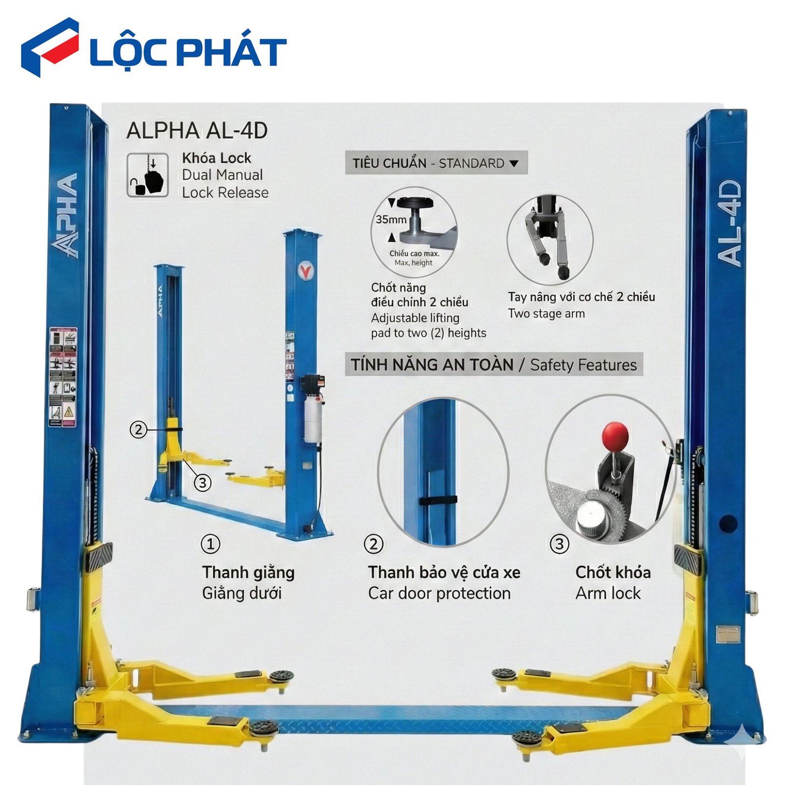 Bảng thông số kỹ thuật chi tiết cầu nâng Alpha AL-4D Lộc Phát