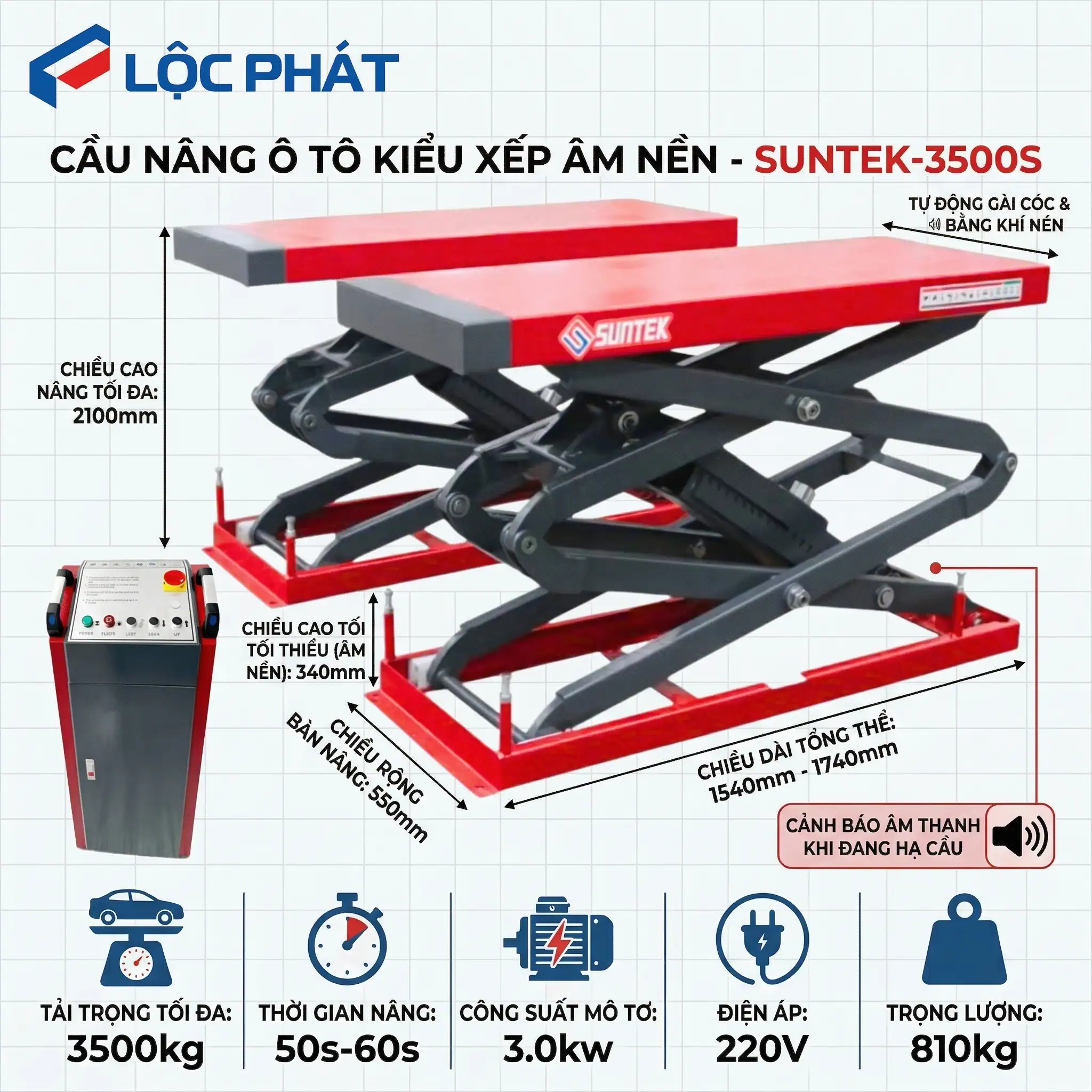 CẦU NÂNG Ô TÔ KIỂU XẾP ÂM NỀN SUNTEK -3500S 9 Infographic thông số Cầu Nâng Ô Tô Kiểu Xếp Âm Nền SUNTEK-3500S