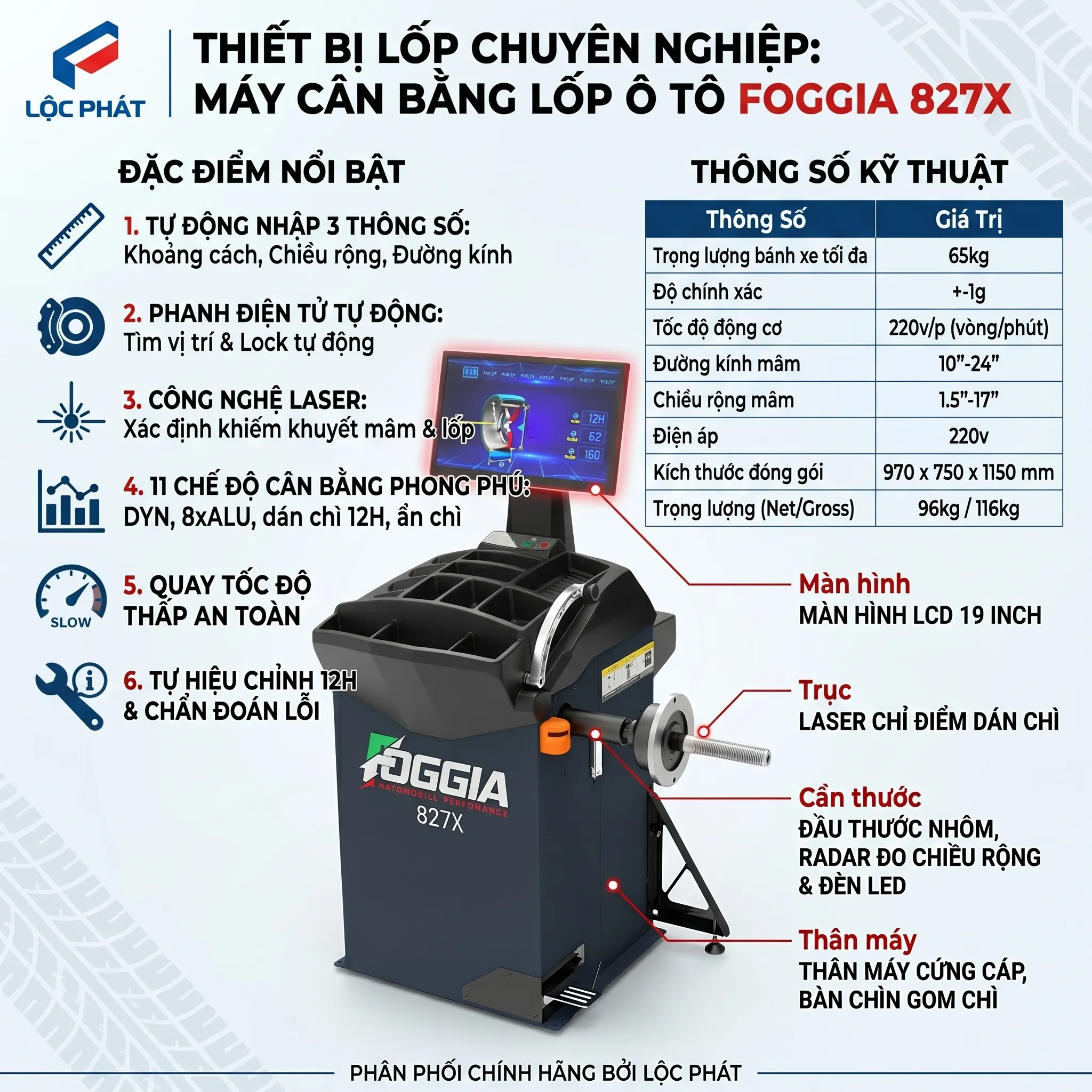 Máy Cân Bằng Lốp Ô Tô Foggia 827X | Thiết Bị Detailing Cao Cấp 37 Màn hình LCD trực quan trên thiết bị xưởng dịch vụ ô tô Foggia