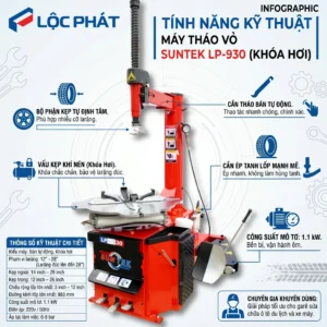 Top 1 Máy Tháo Vỏ Xe Du Lịch SunTek LP-930 Khóa Hơi 16 Máy tháo vỏ SUNTEK LP-930 (Khóa Hơi) với logo Lộc Phát, thể hiện tổng thể thiết bị màu đỏ.