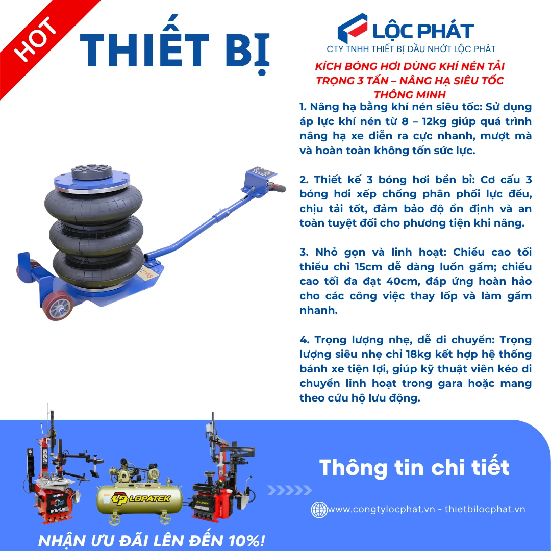 Đội Hơi 3 Bóng 3 Tấn HR-3A: Thiết Bị Cao Cấp 2026 12 Thiết bị Đội Hơi 3 bóng dùng khí nén chính hãng phân phối tại Lộc Phát