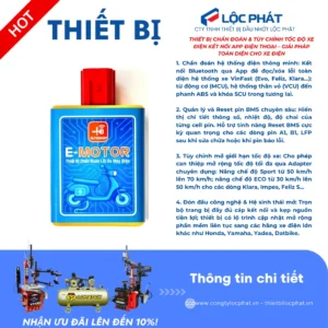 Thiết bị E MOTOR chẩn đoán và điều chỉnh tốc độ xe máy điện VinFast, hỗ trợ Bluetooth qua app.