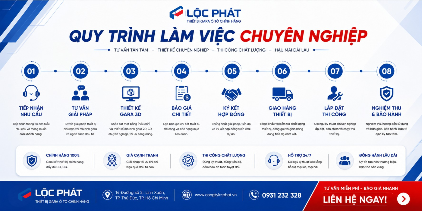 Quy trình làm việc chuyên nghiệp khi cung cấp và lắp đặt thiết bị gara ô tô tại Lộc Phát