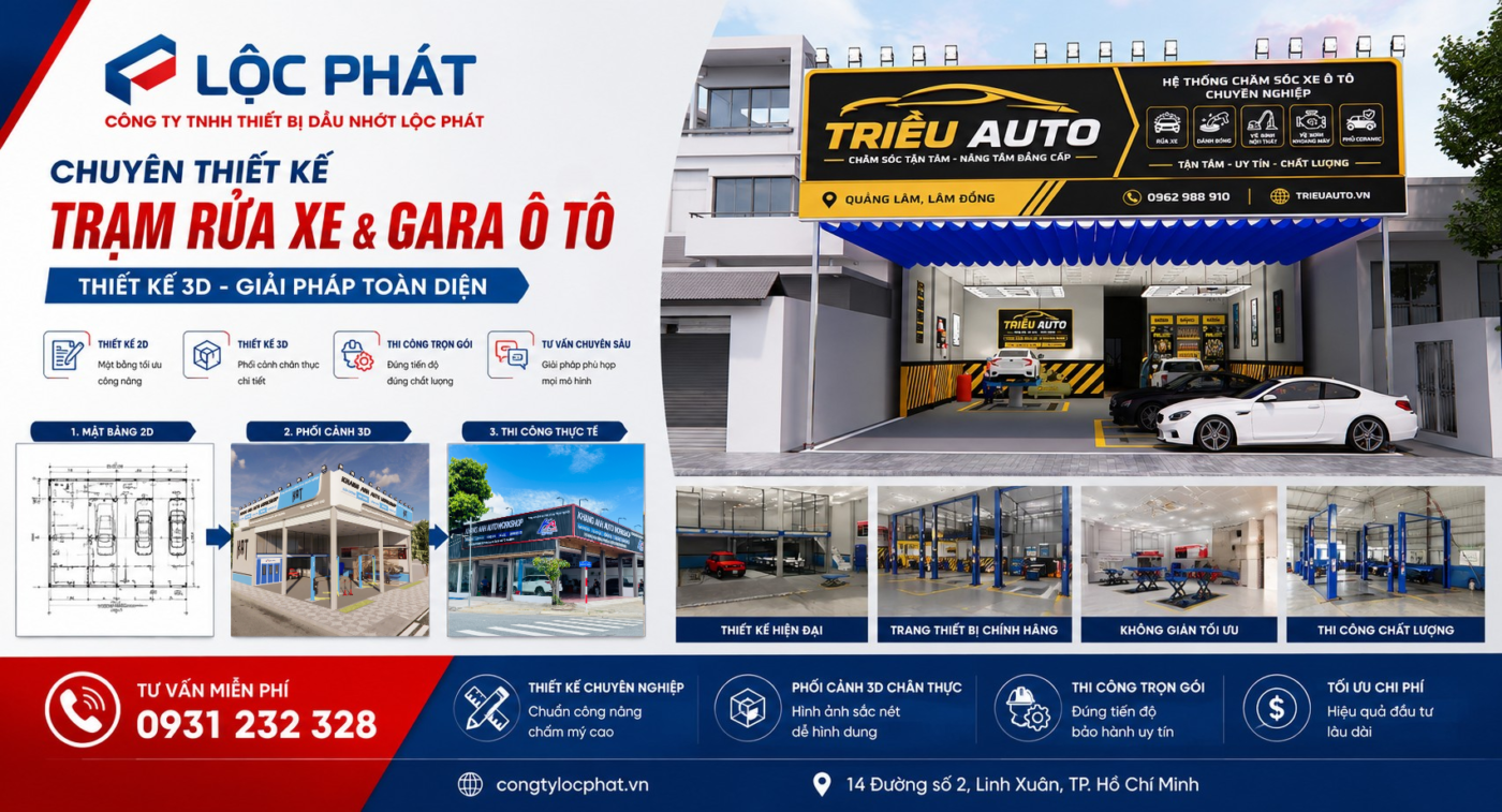 Dịch vụ chuyên thiết kế trạm rửa xe và gara ô tô chuyên nghiệp từ Công ty Lộc Phát
