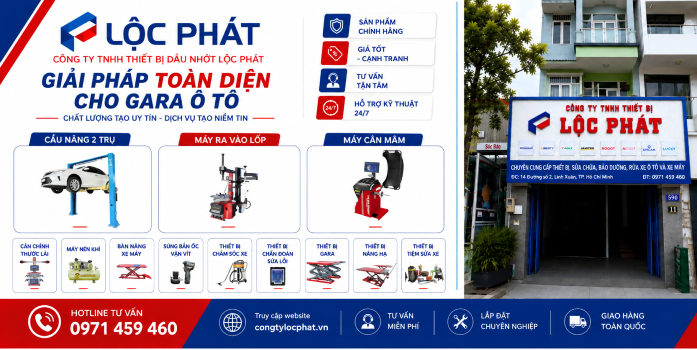 Banner quảng cáo thiết bị gara ô tô Lộc Phát cung cấp cầu nâng 2 trụ, máy ra vào lốp, máy cân mâm và thiết bị sửa chữa ô tô