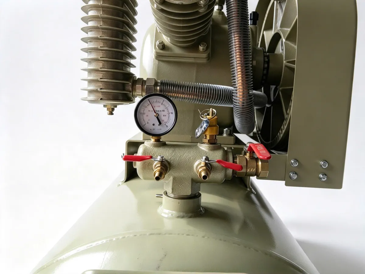 Máy Nén Khí 2 Cấp LOPATEK AW80012 10HP 500L 12 Bar: Chính Hãng 13 Đồng hồ đo áp suất 12 bar và cụm van khóa hơi ra khí nén Lopatek AW80012